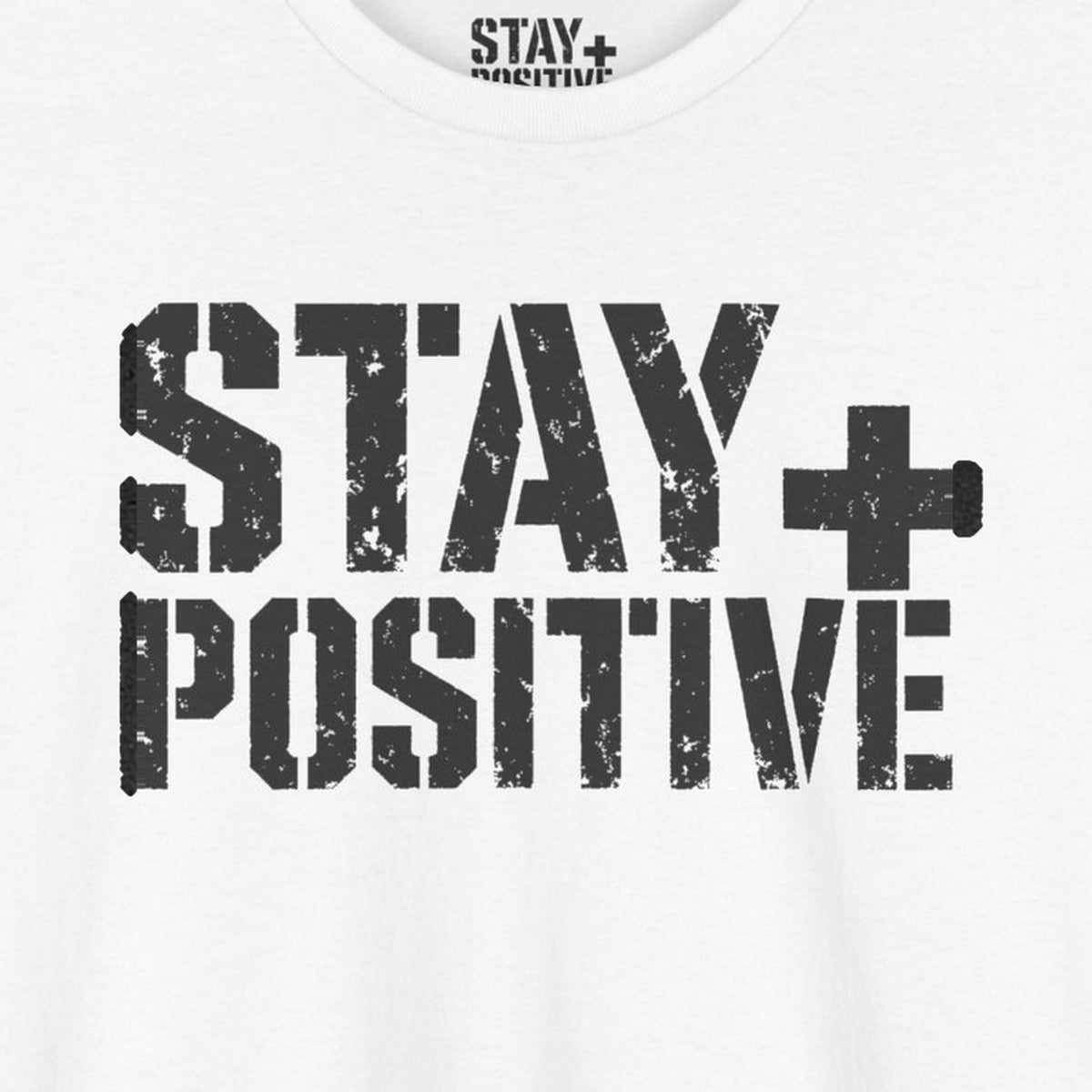 Stay Positive Logo Tee – White – front print close-up