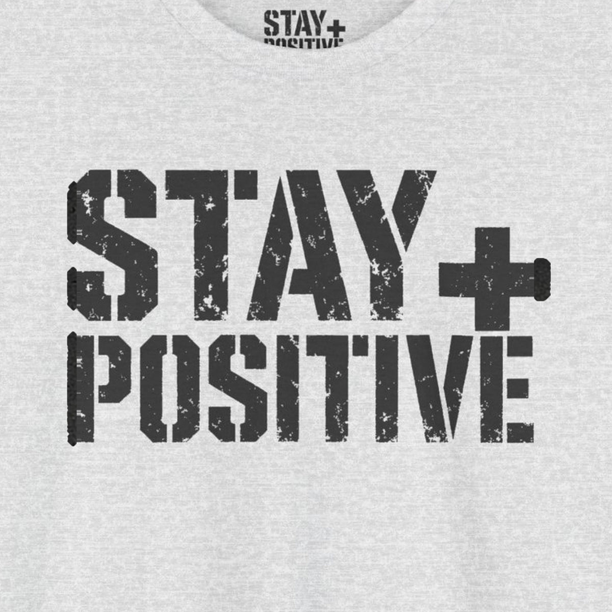 Stay Positive Logo Tee – Ash – front print close-up