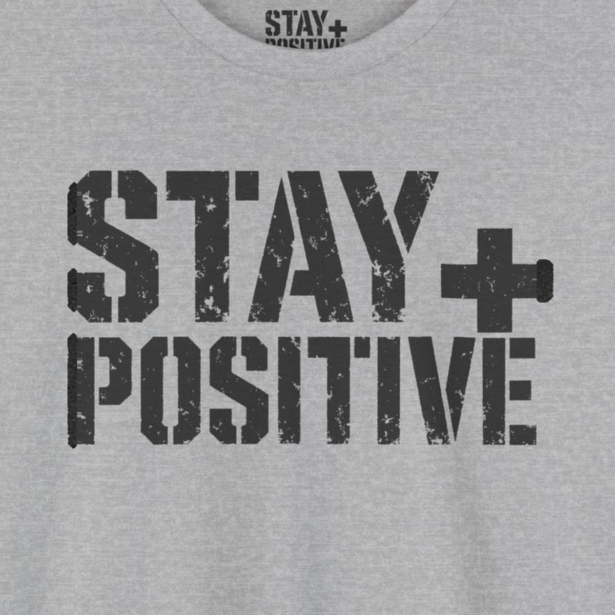 Stay Positive Logo Tee – Sport Grey – front print close-up