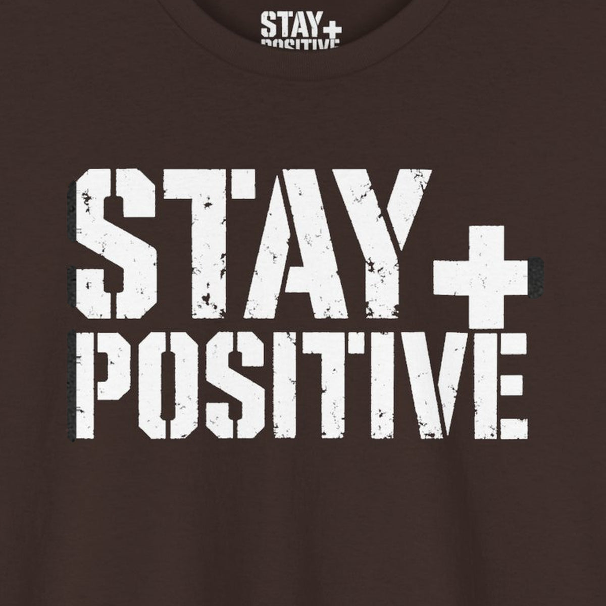 Stay Positive Logo Tee – Dark Chocolate – front print close-up