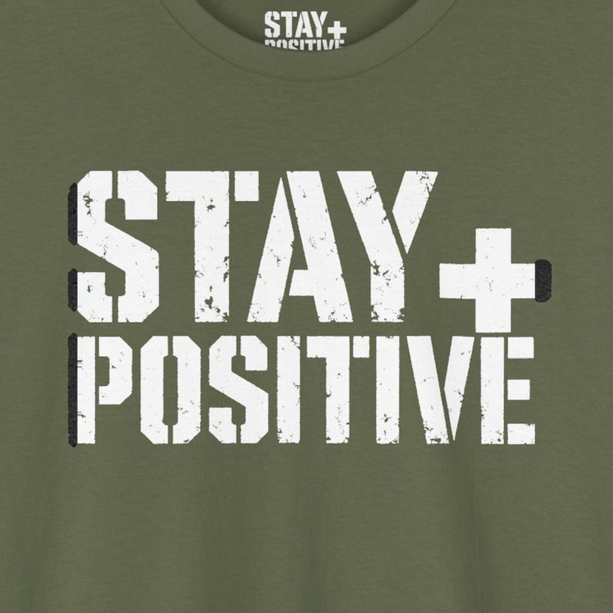 Stay Positive Logo Tee – Military Green – front print close-up