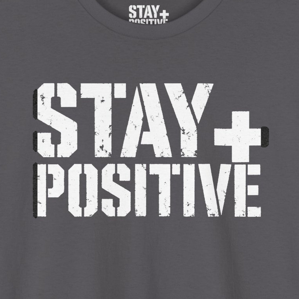 Stay Positive Logo Tee – Charcoal – front print close-up