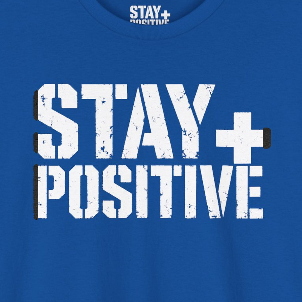 Stay Positive Logo Tee – Royal – front print close-up