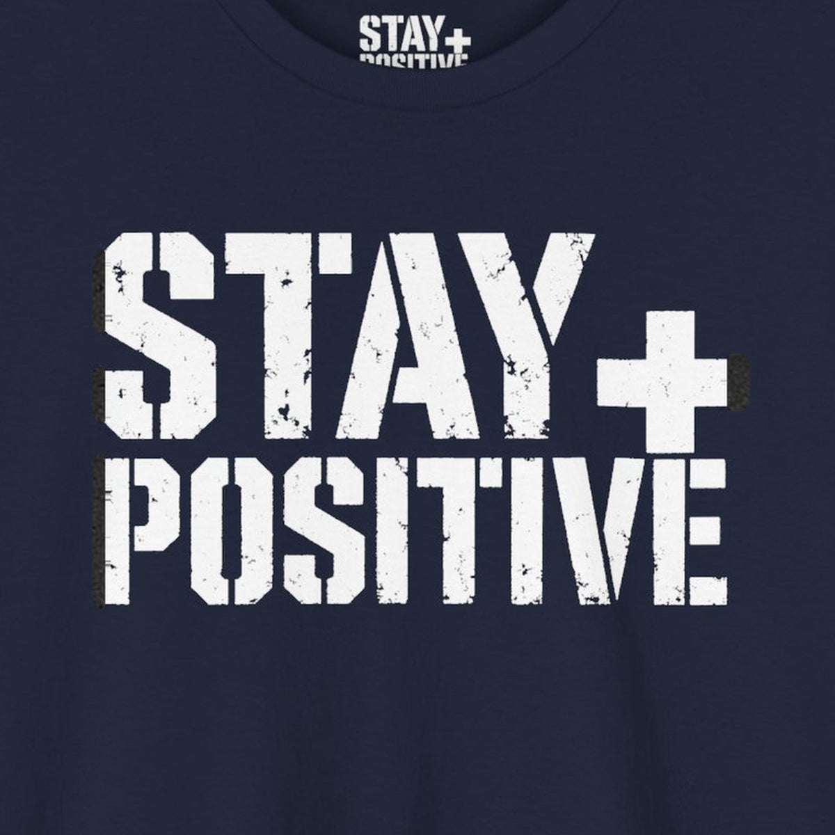 Stay Positive Logo Tee – Navy – front print close-up