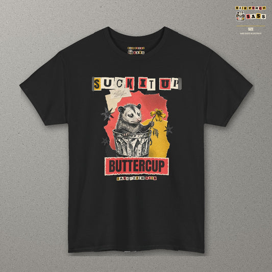 Suck It Up Buttercup Zine Possum Tee – Black – front
