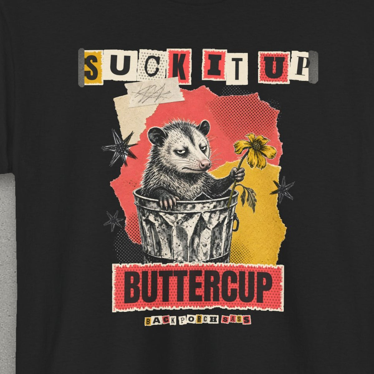 Suck It Up Buttercup Zine Possum Tee – Black – front print close-up
