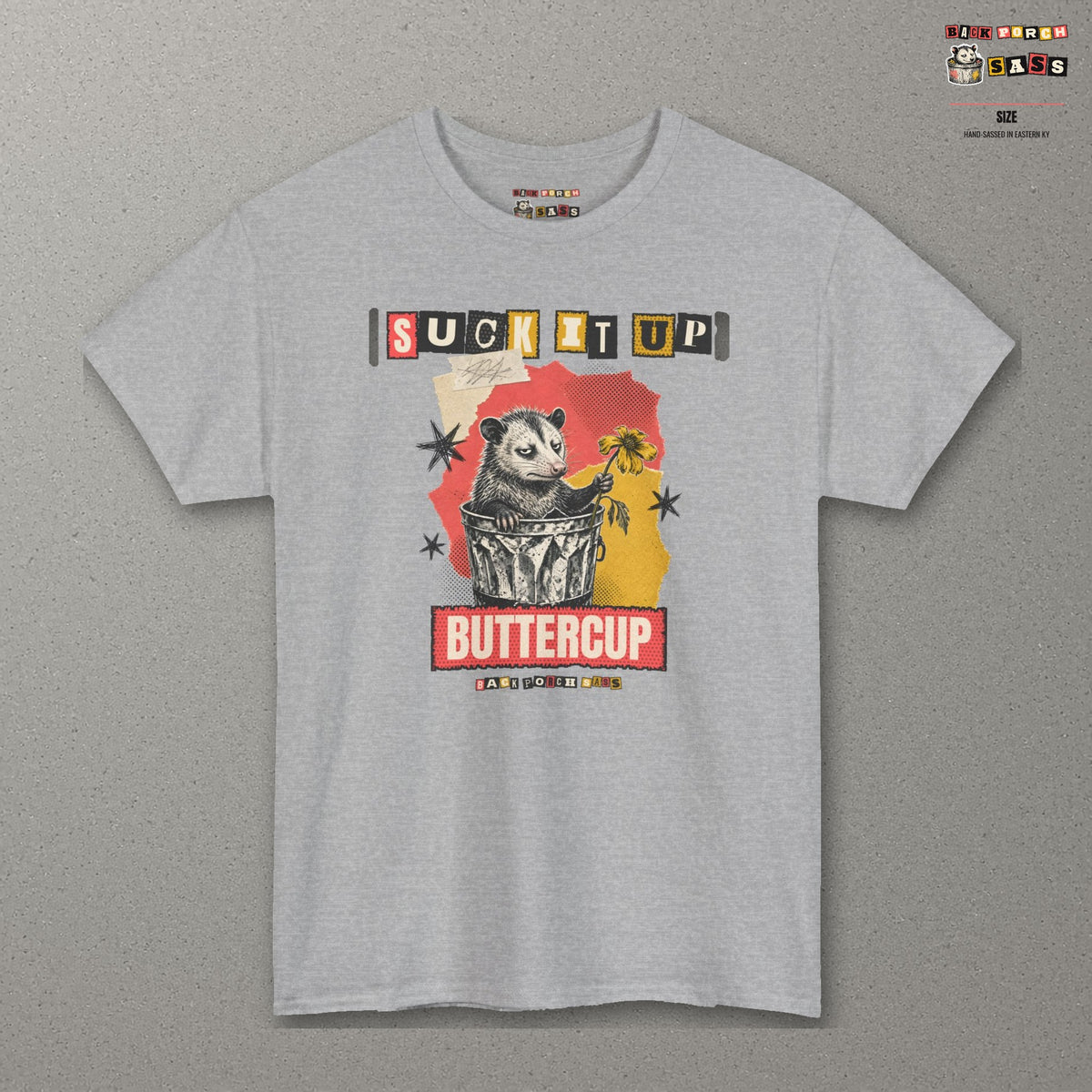 Suck It Up Buttercup Zine Possum Tee – Sport Grey – front