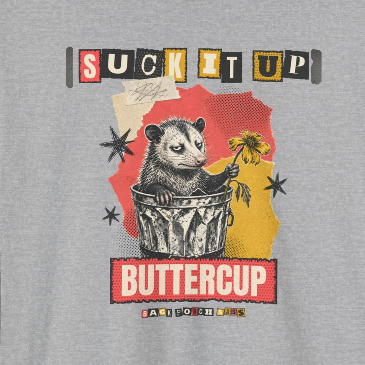 Suck It Up Buttercup Zine Possum Tee – Sport Grey – front print close-up
