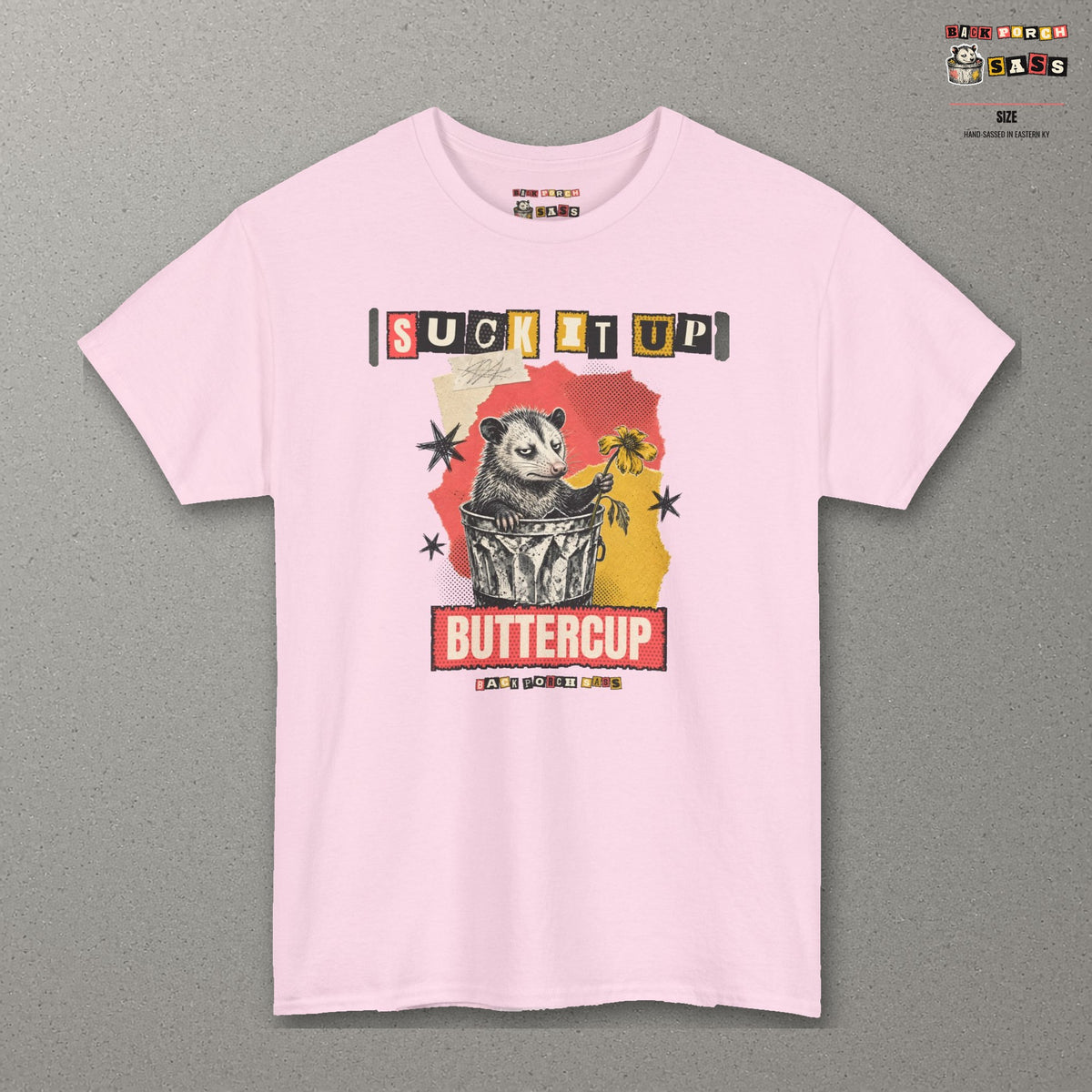 Suck It Up Buttercup Zine Possum Tee – Light Pink – front