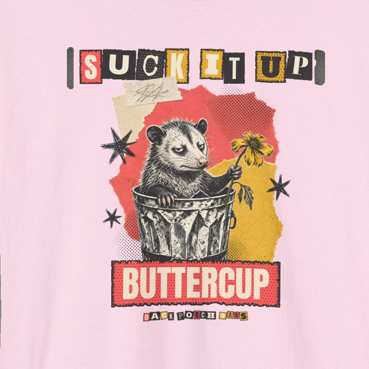 Suck It Up Buttercup Zine Possum Tee – Light Pink – front print close-up