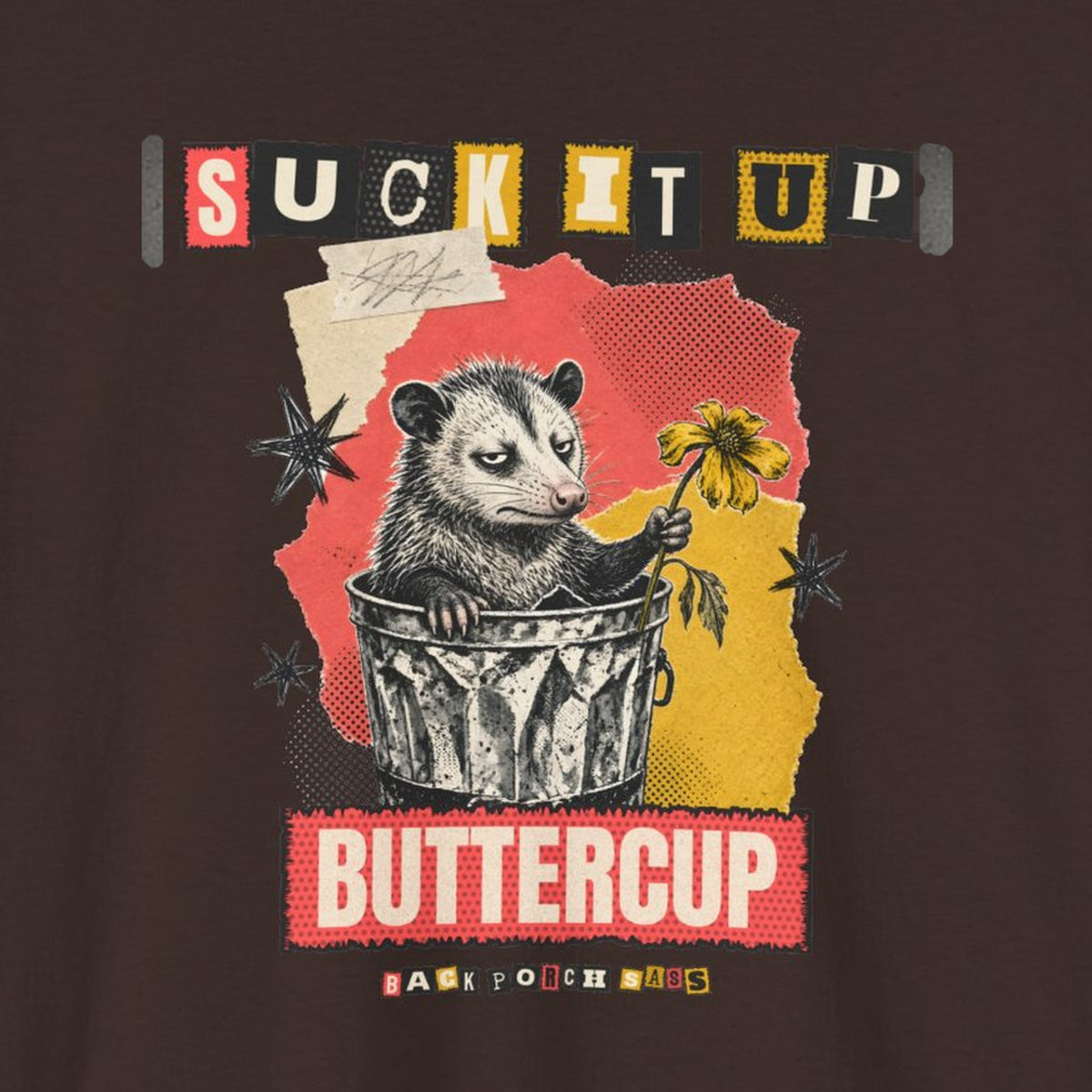 Suck It Up Buttercup Zine Possum Tee – Dark Chocolate – front print close-up