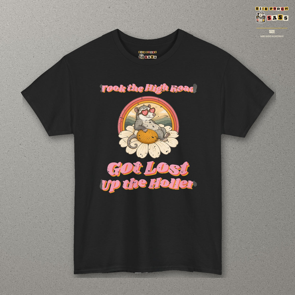Took the High Road Got Lost Up the Holler Tee – Back Porch Sass – Black – front