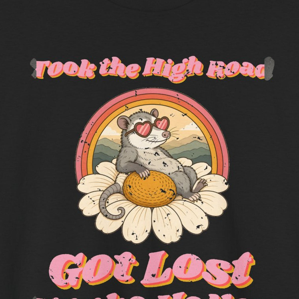 Took the High Road Got Lost Up the Holler Tee – Back Porch Sass – Black – front print close-up