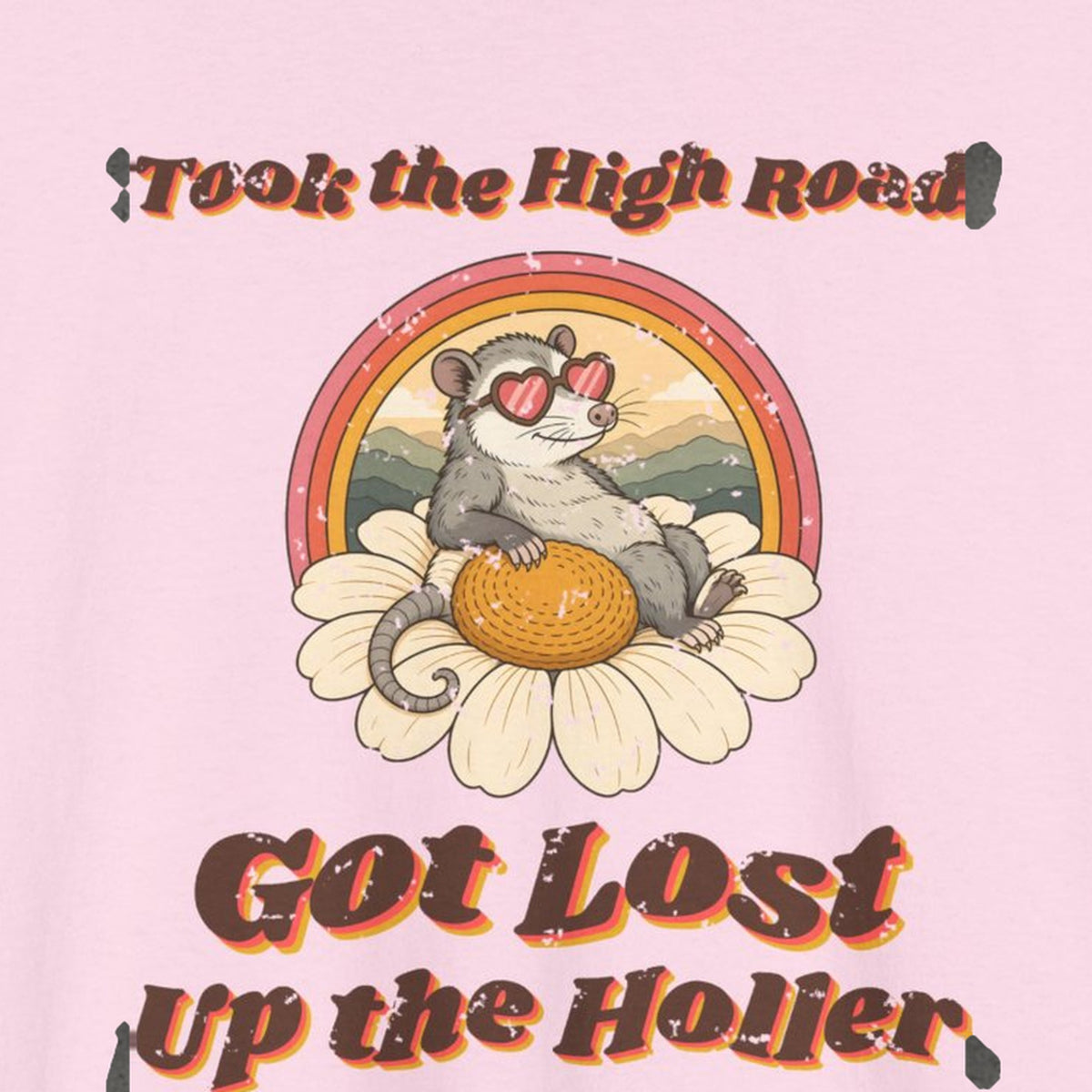 Took the High Road Got Lost Up the Holler Tee – Back Porch Sass – Light Pink – front print close-up