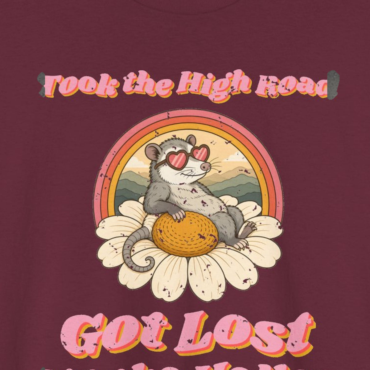 Took the High Road Got Lost Up the Holler Tee – Back Porch Sass – Maroon – front print close-up