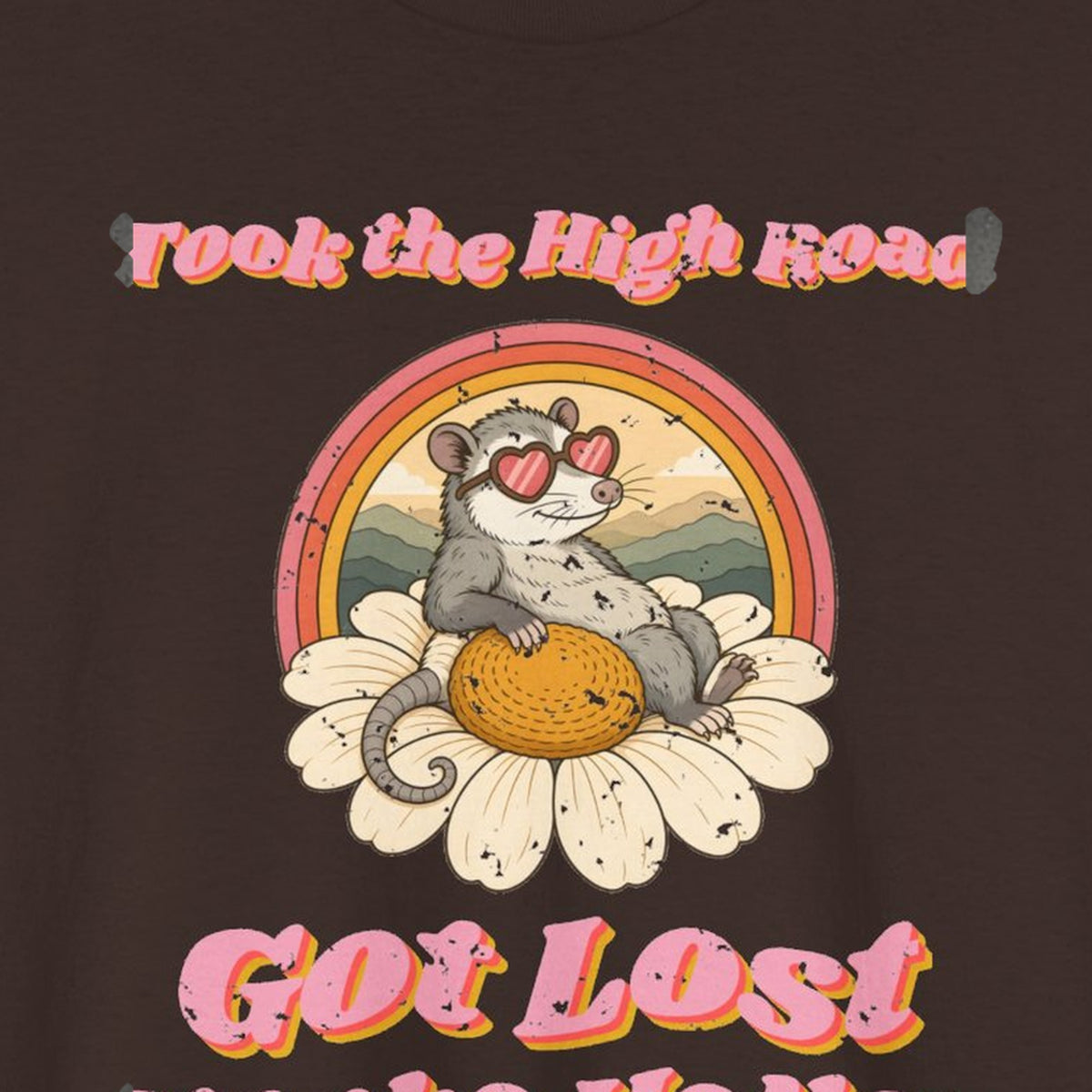 Took the High Road Got Lost Up the Holler Tee – Back Porch Sass – Dark Chocolate – front print close-up