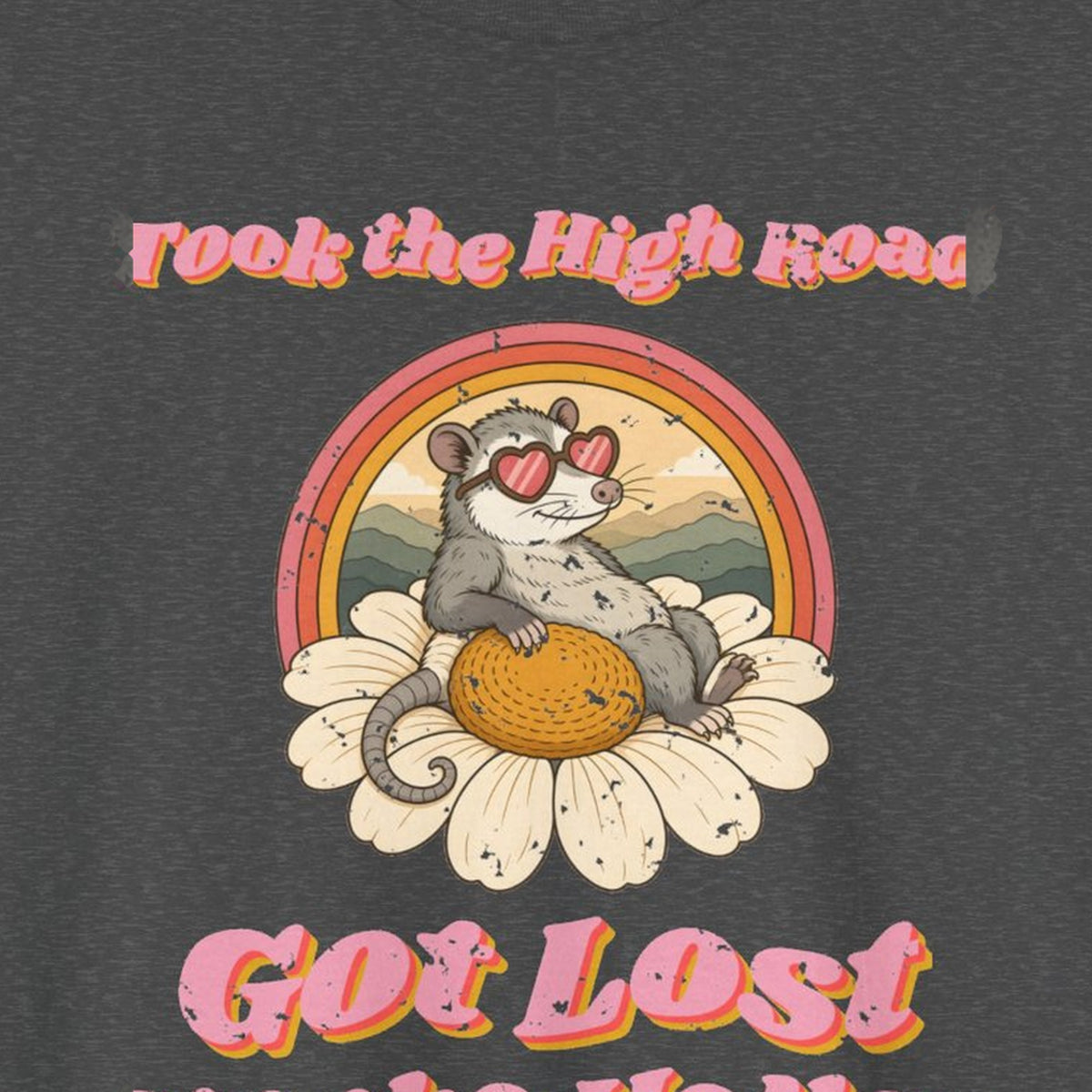 Took the High Road Got Lost Up the Holler Tee – Back Porch Sass – Dark Heather – front print close-up