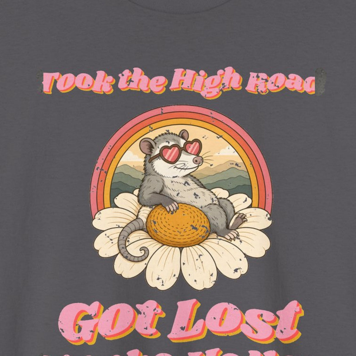 Took the High Road Got Lost Up the Holler Tee – Back Porch Sass – Charcoal – front print close-up