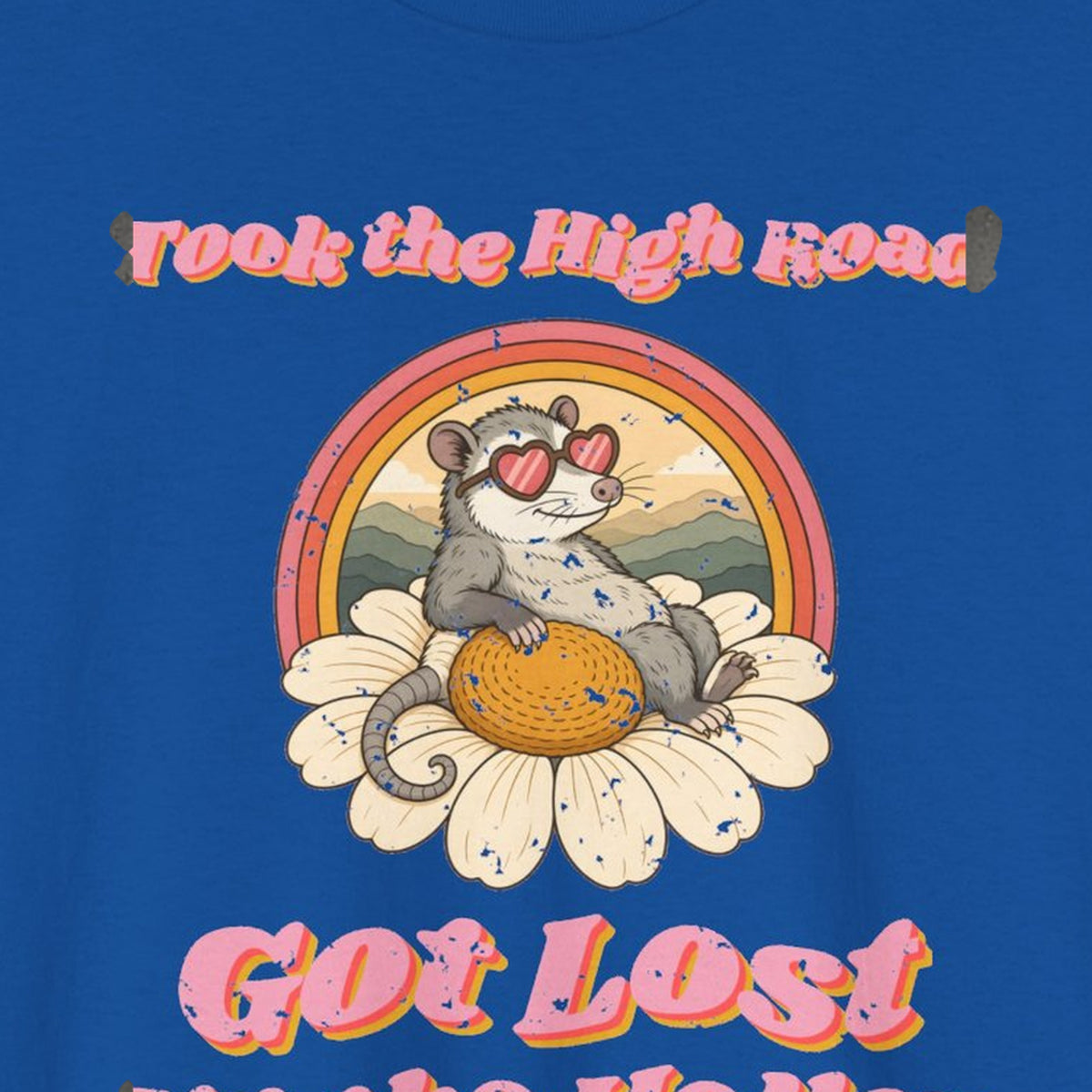 Took the High Road Got Lost Up the Holler Tee – Back Porch Sass – Royal – front print close-up