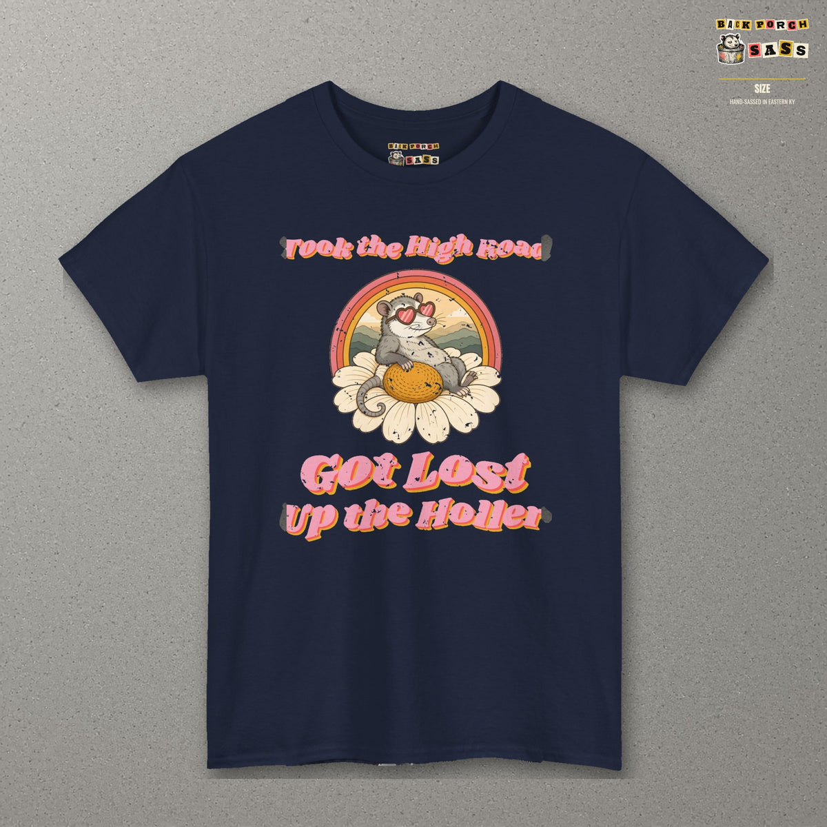 Took the High Road Got Lost Up the Holler Tee – Back Porch Sass – Navy – front