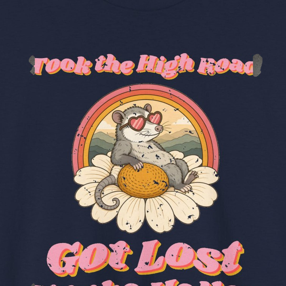 Took the High Road Got Lost Up the Holler Tee – Back Porch Sass – Navy – front print close-up