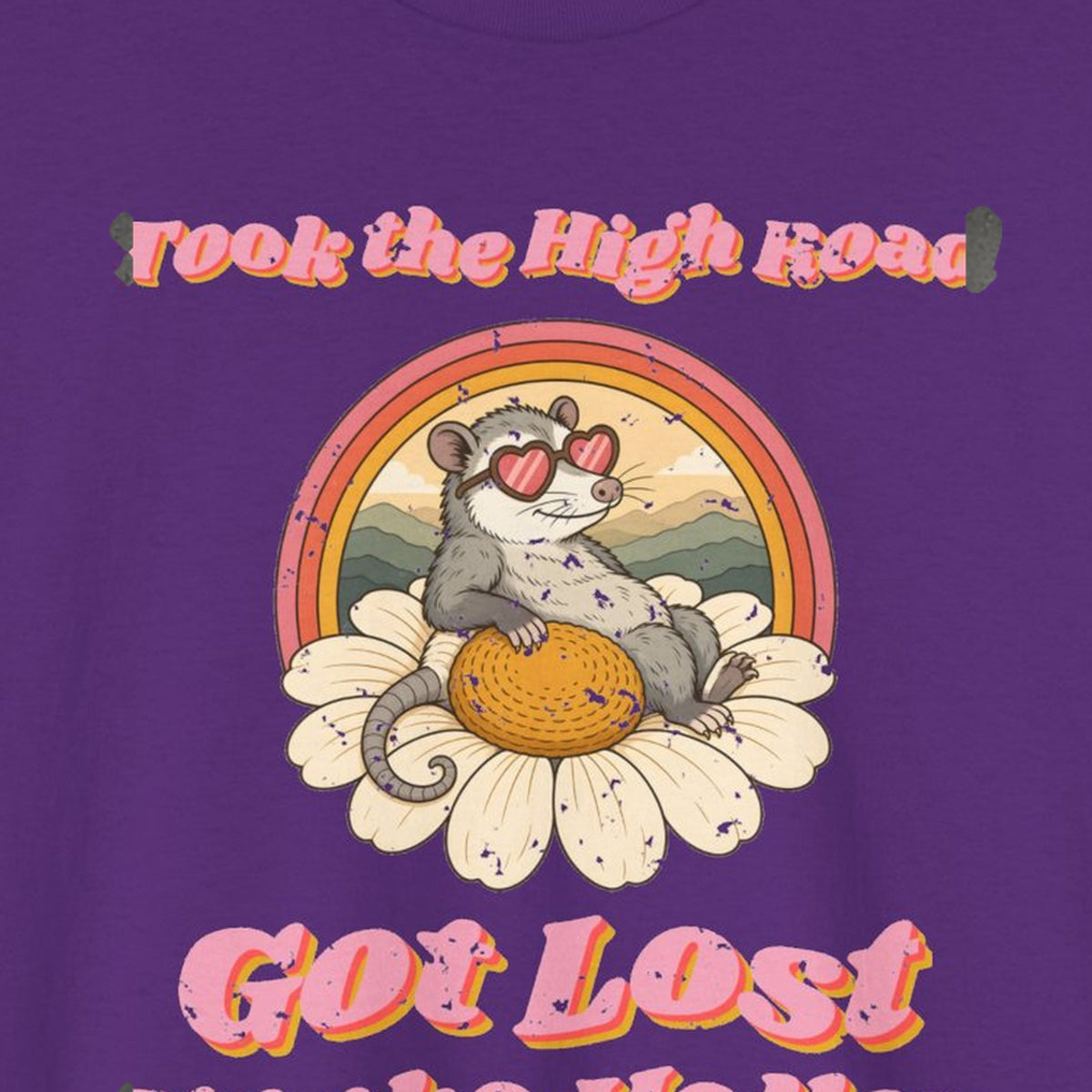 Took the High Road Got Lost Up the Holler Tee – Back Porch Sass – Purple – front print close-up