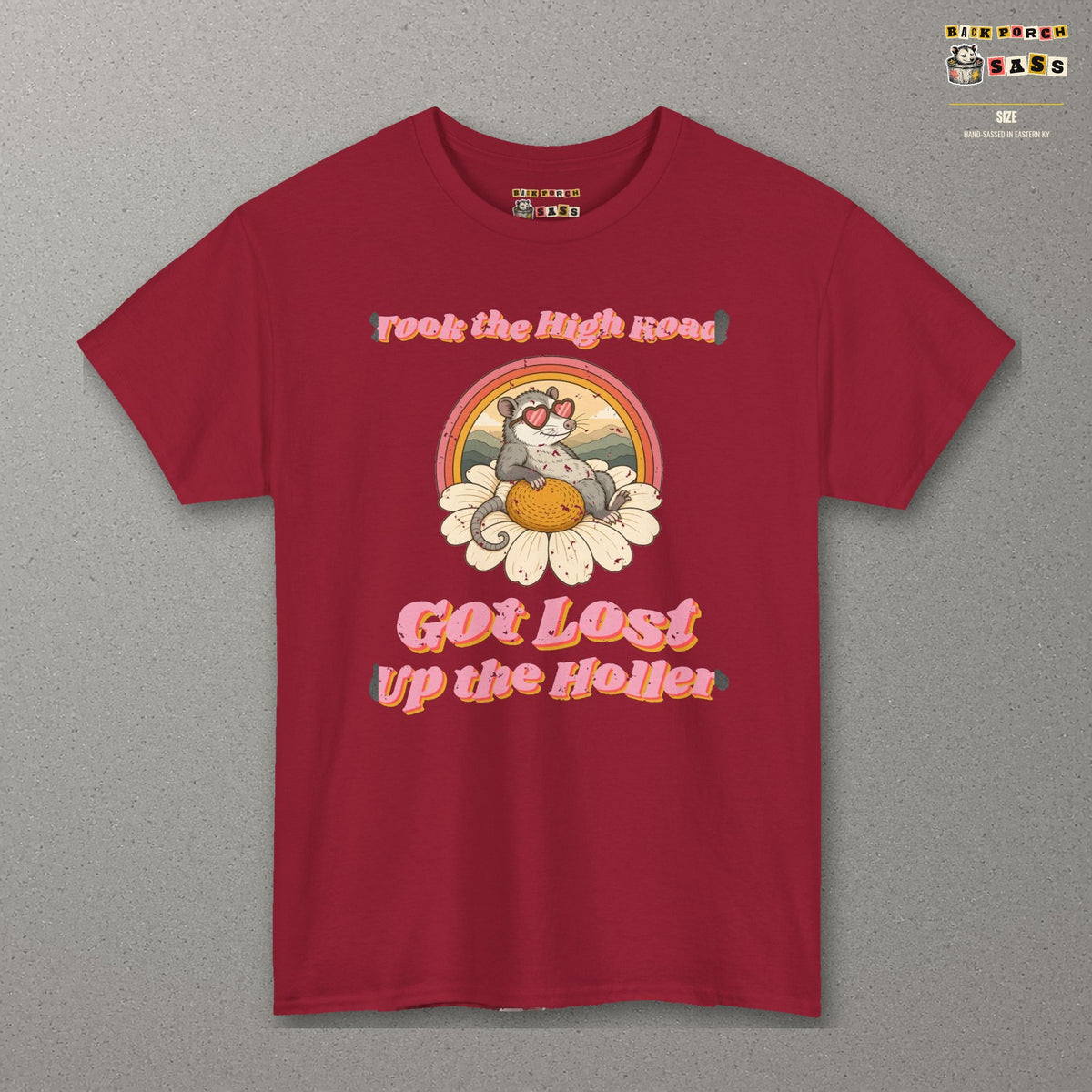 Took the High Road Got Lost Up the Holler Tee – Back Porch Sass – Cardinal Red – front
