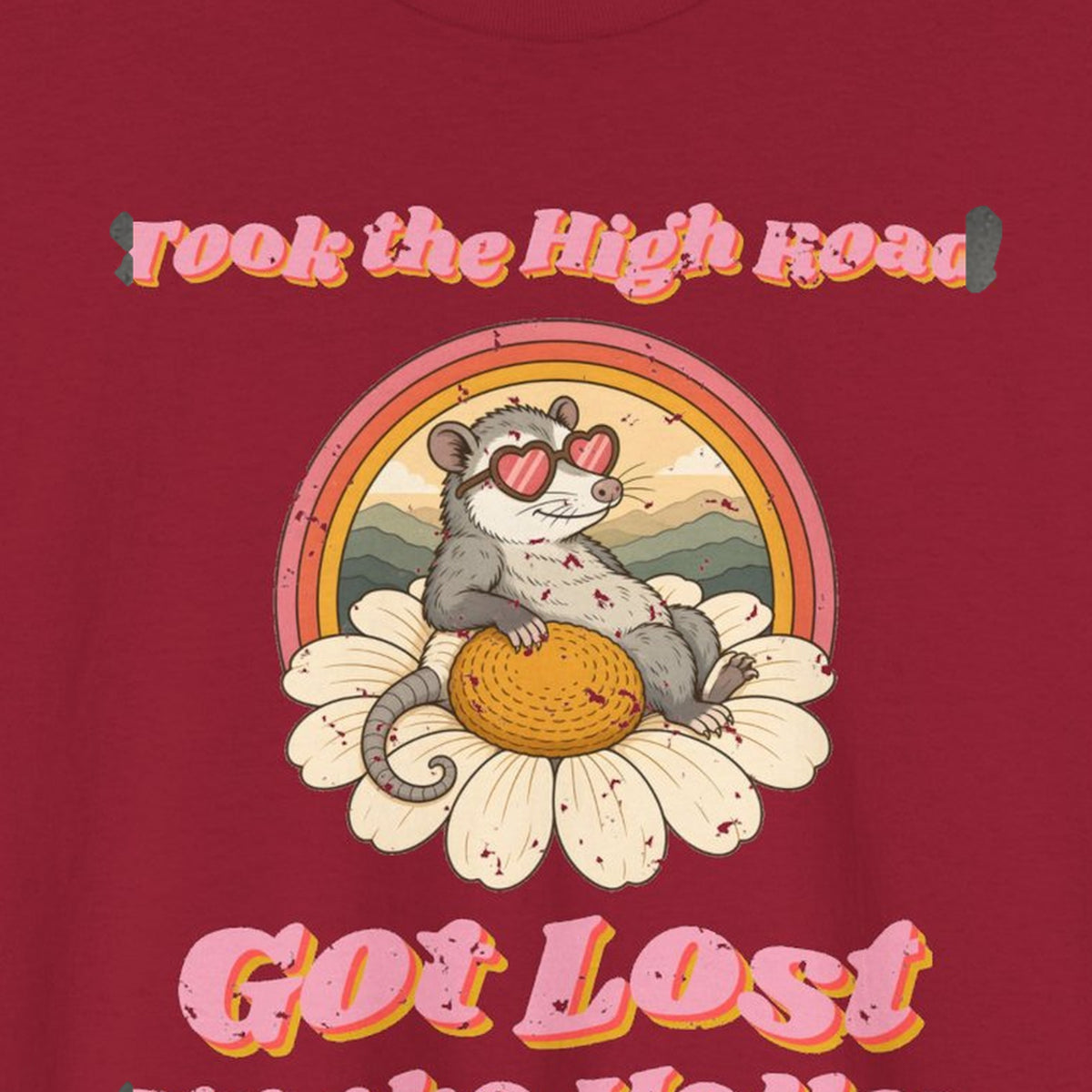 Took the High Road Got Lost Up the Holler Tee – Back Porch Sass – Cardinal Red – front print close-up