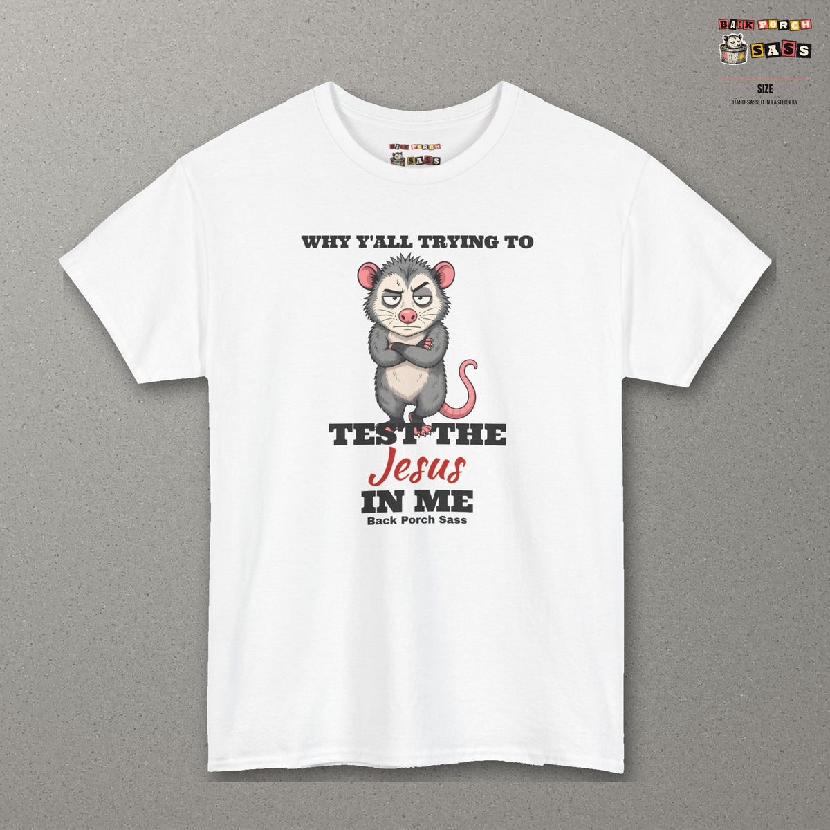 Why Y'all Trying to Test the Jesus in Me Possum Tee – Back Porch Sass – White – front
