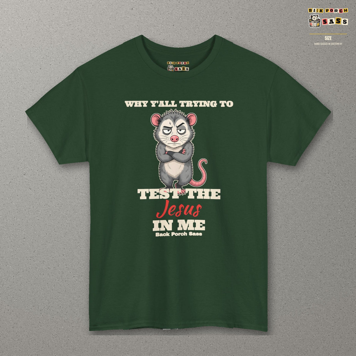 Why Y'all Trying to Test the Jesus in Me Possum Tee – Back Porch Sass – Forest Green – front