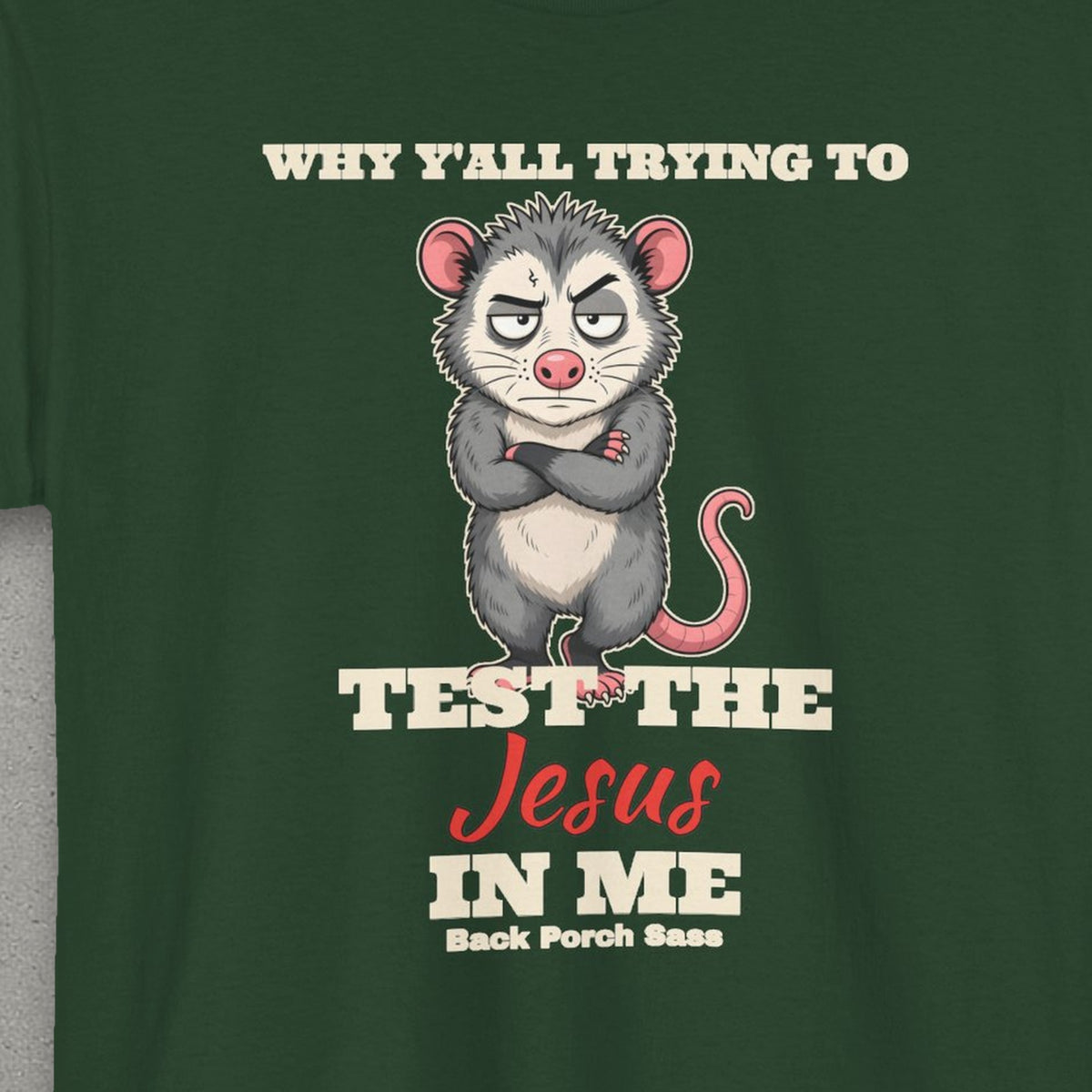 Why Y'all Trying to Test the Jesus in Me Possum Tee – Back Porch Sass – Forest Green – front print close-up