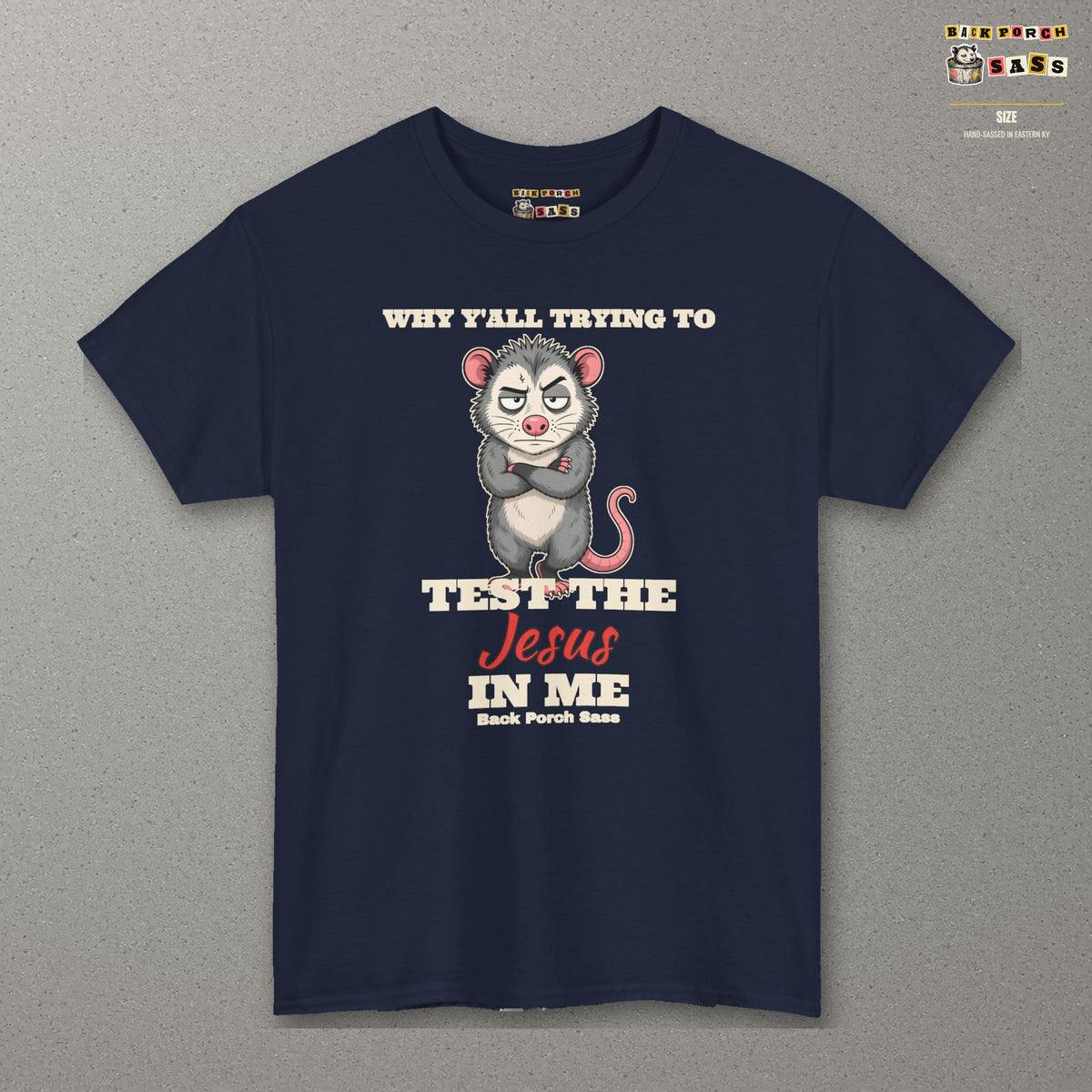 Why Y'all Trying to Test the Jesus in Me Possum Tee – Back Porch Sass – Navy – front