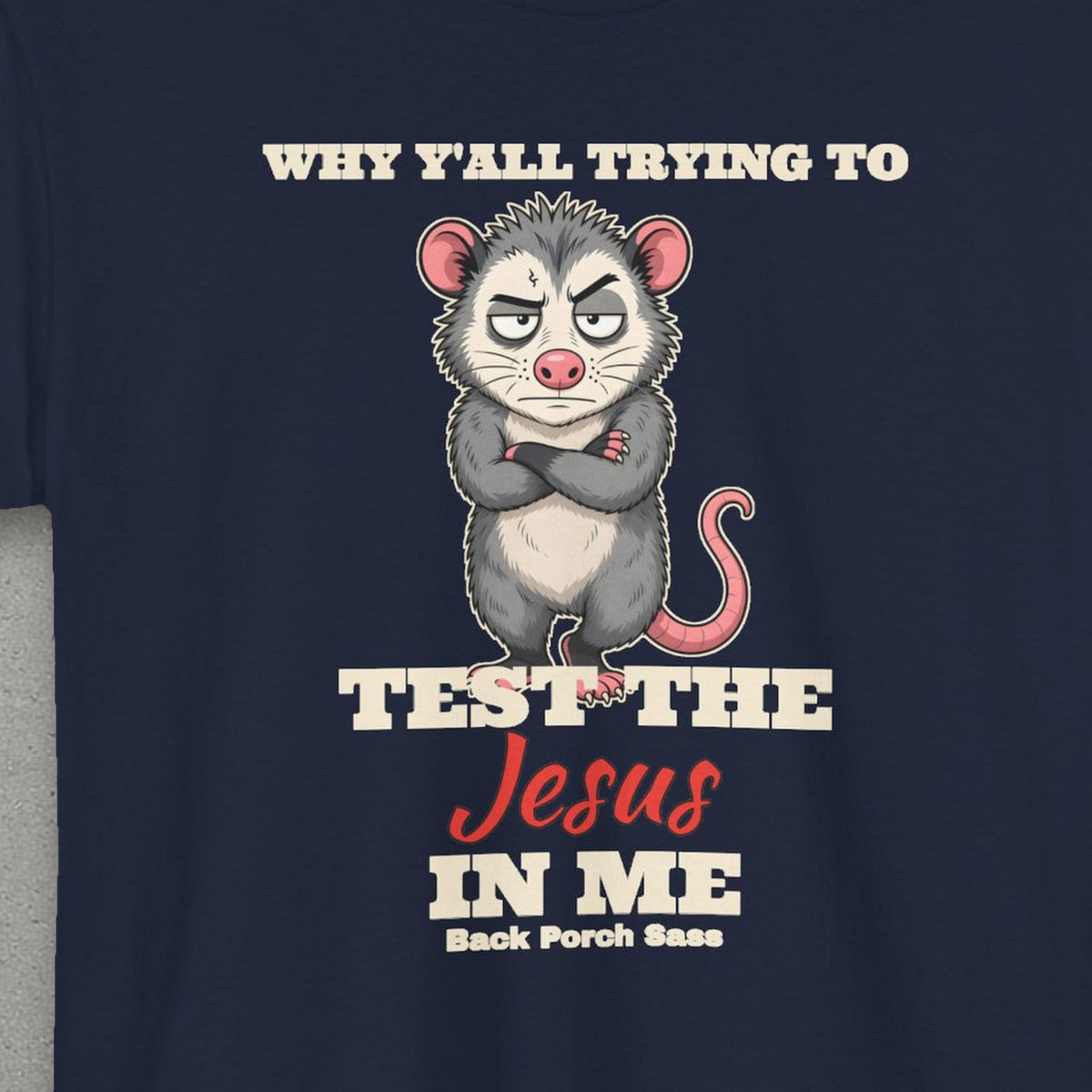 Why Y'all Trying to Test the Jesus in Me Possum Tee – Back Porch Sass – Navy – front print close-up