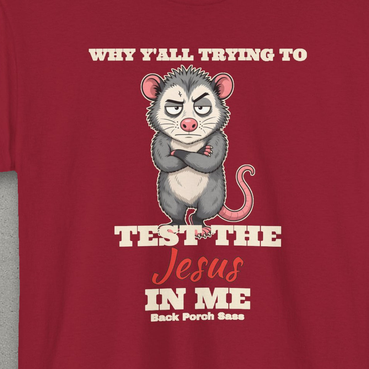 Why Y'all Trying to Test the Jesus in Me Possum Tee – Back Porch Sass – Cardinal Red – front print close-up