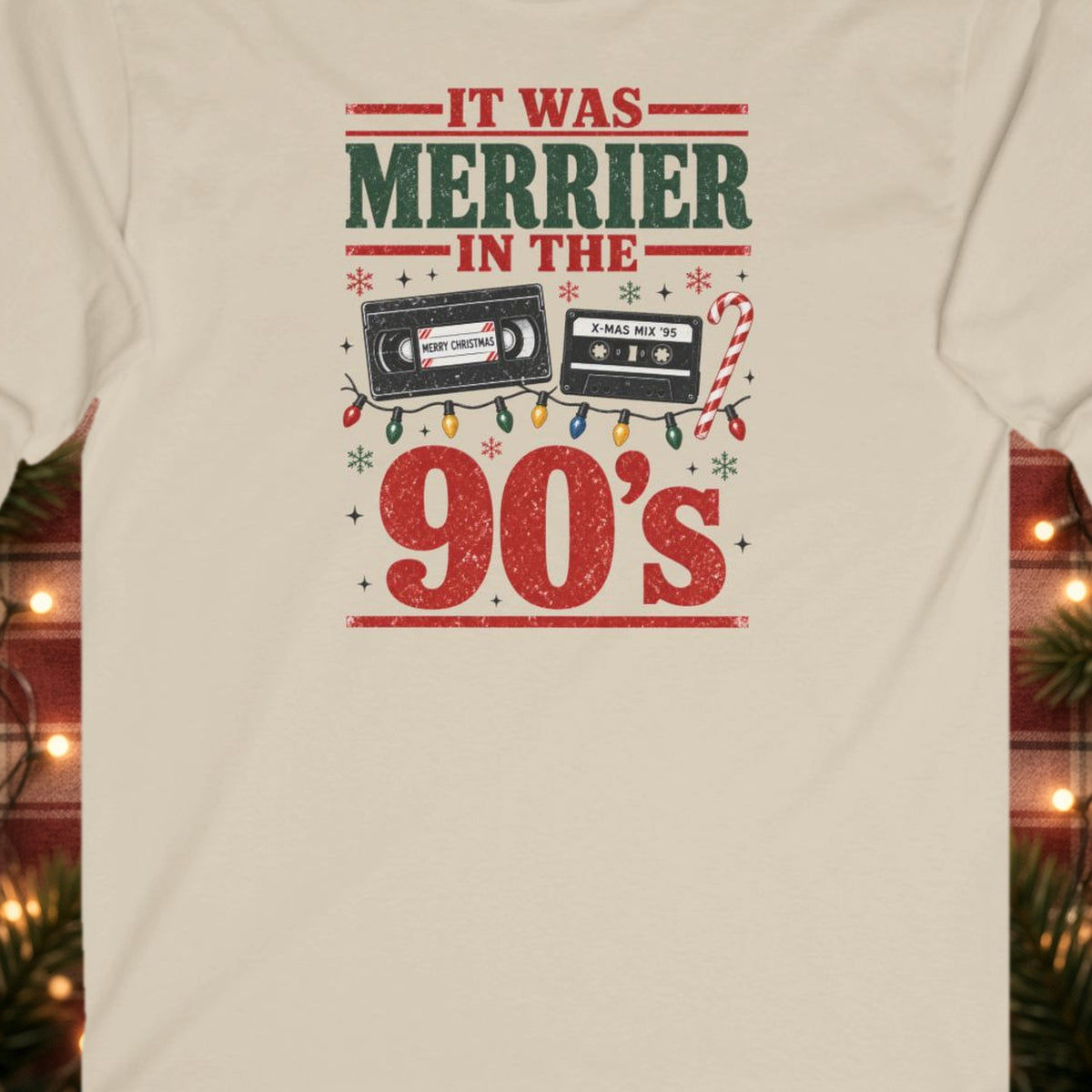 It Was Merrier in the 90's Christmas Long Sleeve Tee – Sand – front print close-up
