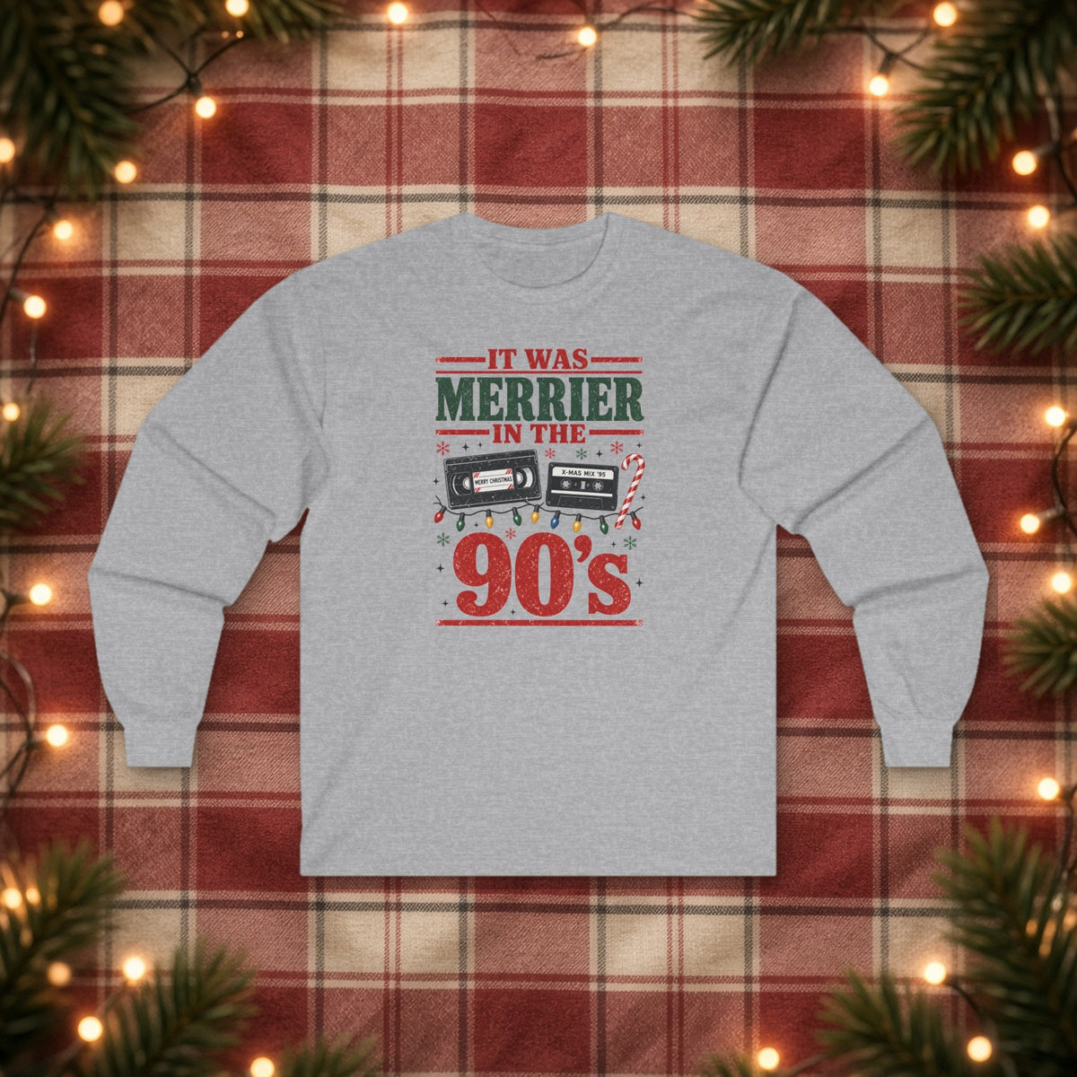 It Was Merrier in the 90's Christmas Long Sleeve Tee – Sport Grey – front