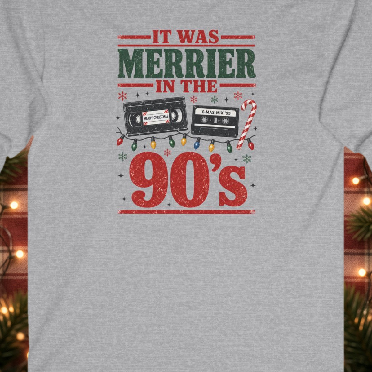 It Was Merrier in the 90's Christmas Long Sleeve Tee – Sport Grey – front print close-up