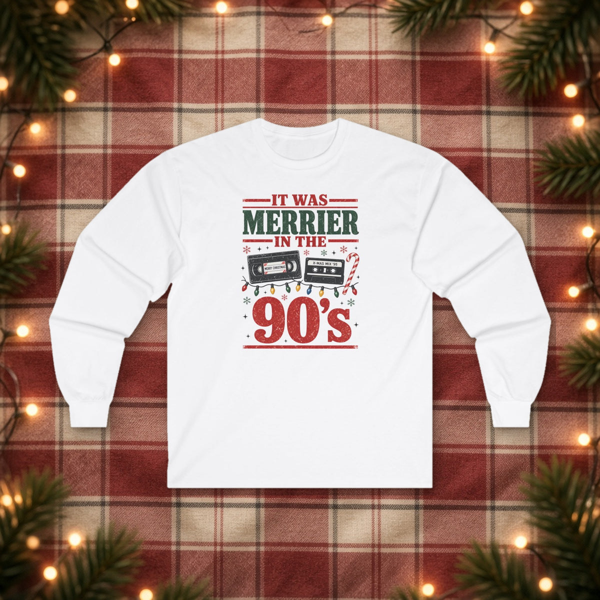 It Was Merrier in the 90's Christmas Long Sleeve Tee – White – front