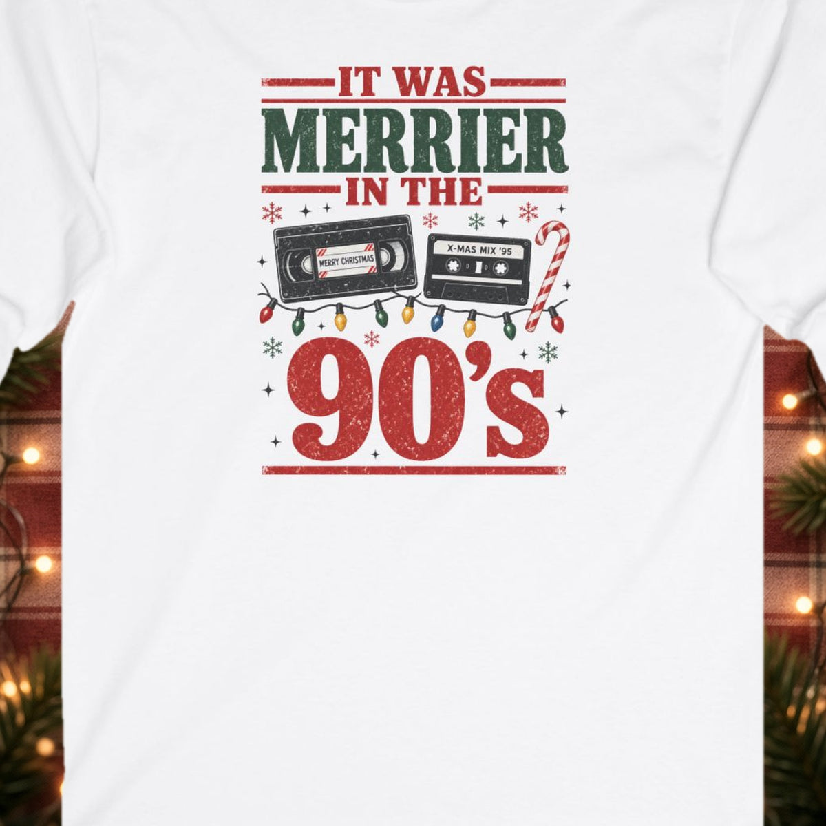 It Was Merrier in the 90's Christmas Long Sleeve Tee – White – front print close-up