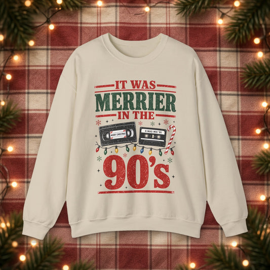 It Was Merrier in the 90's Christmas Sweatshirt – Sand – front