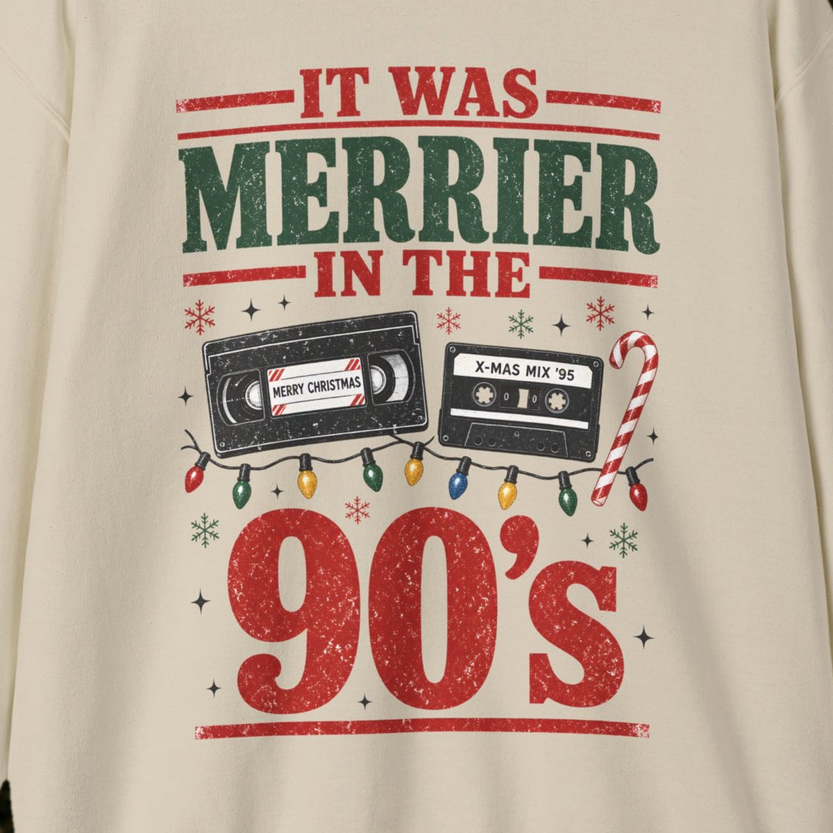It Was Merrier in the 90's Christmas Sweatshirt – Sand – front print close-up