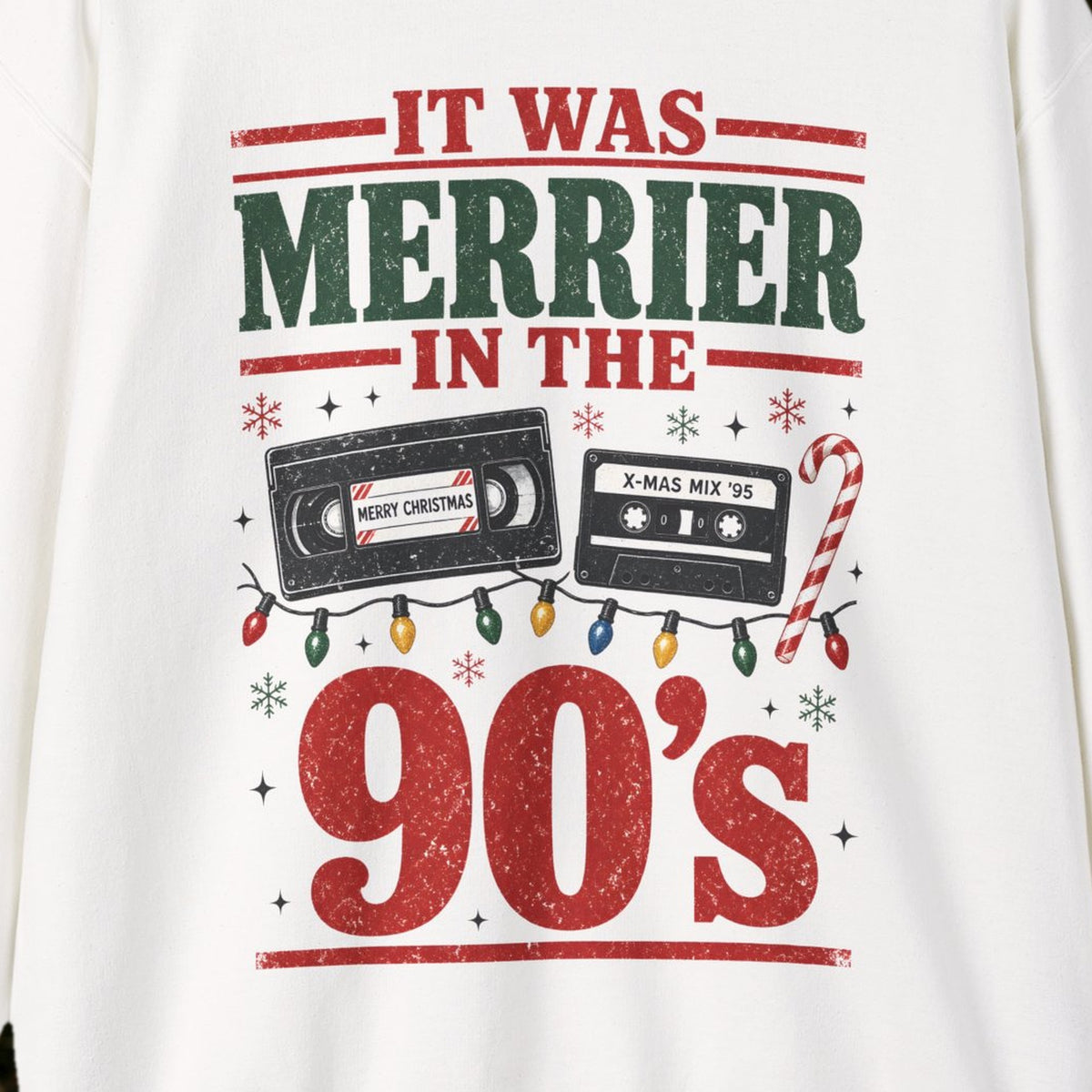 It Was Merrier in the 90's Christmas Sweatshirt – White – front print close-up