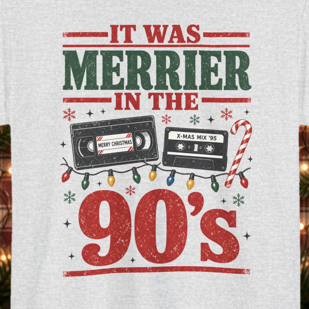 It Was Merrier in the 90's Christmas Tee – Ash – front print close-up