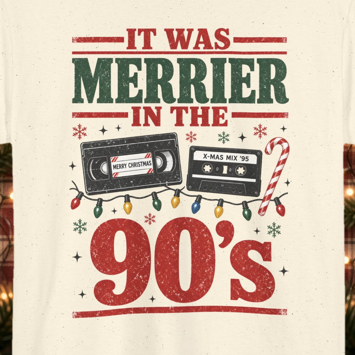 It Was Merrier in the 90's Christmas Tee – Natural – front print close-up