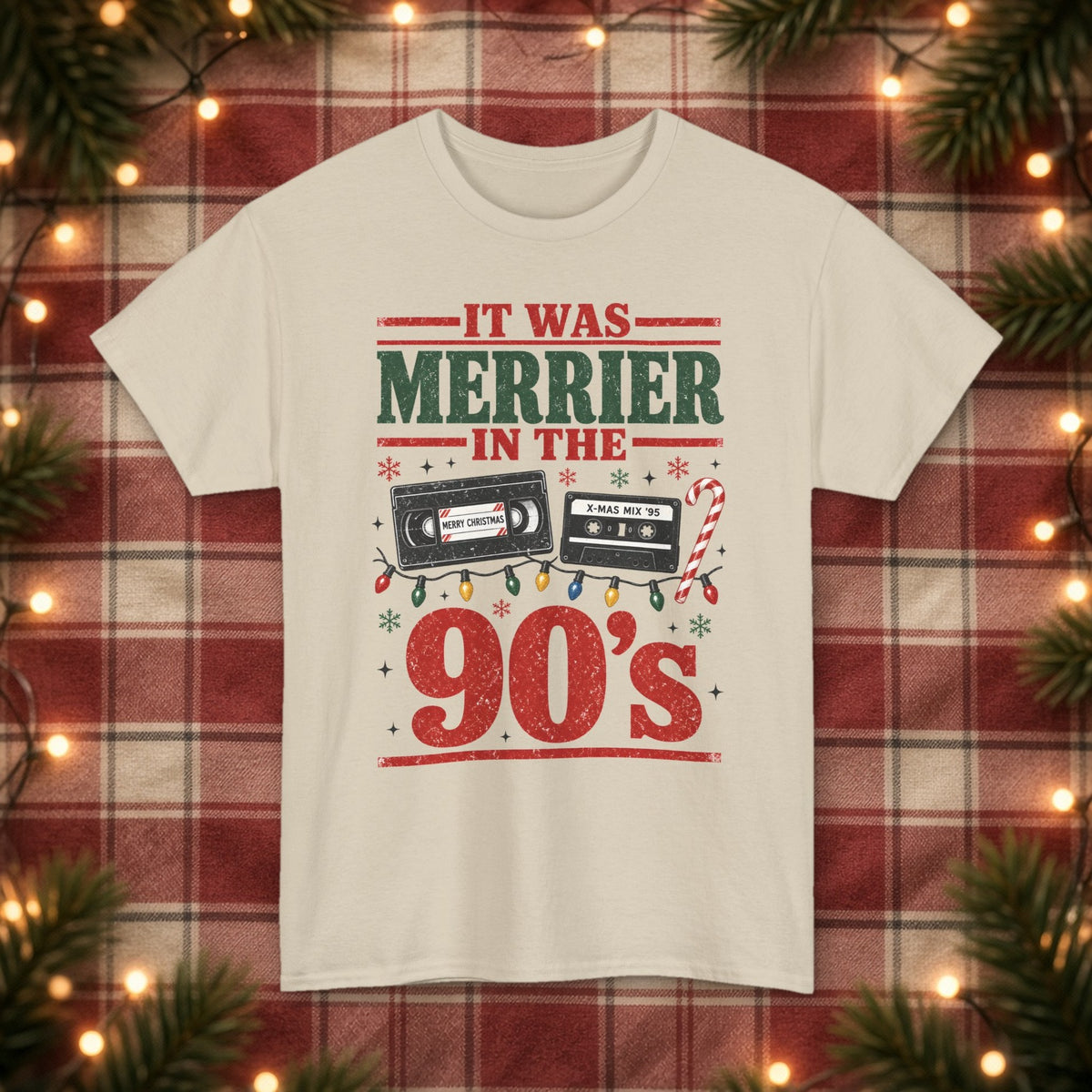It Was Merrier in the 90's Christmas Tee – Sand – front