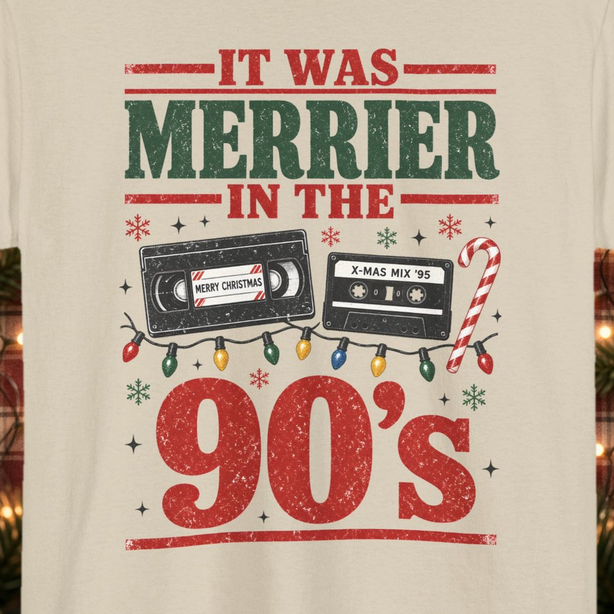 It Was Merrier in the 90's Christmas Tee – Sand – front print close-up
