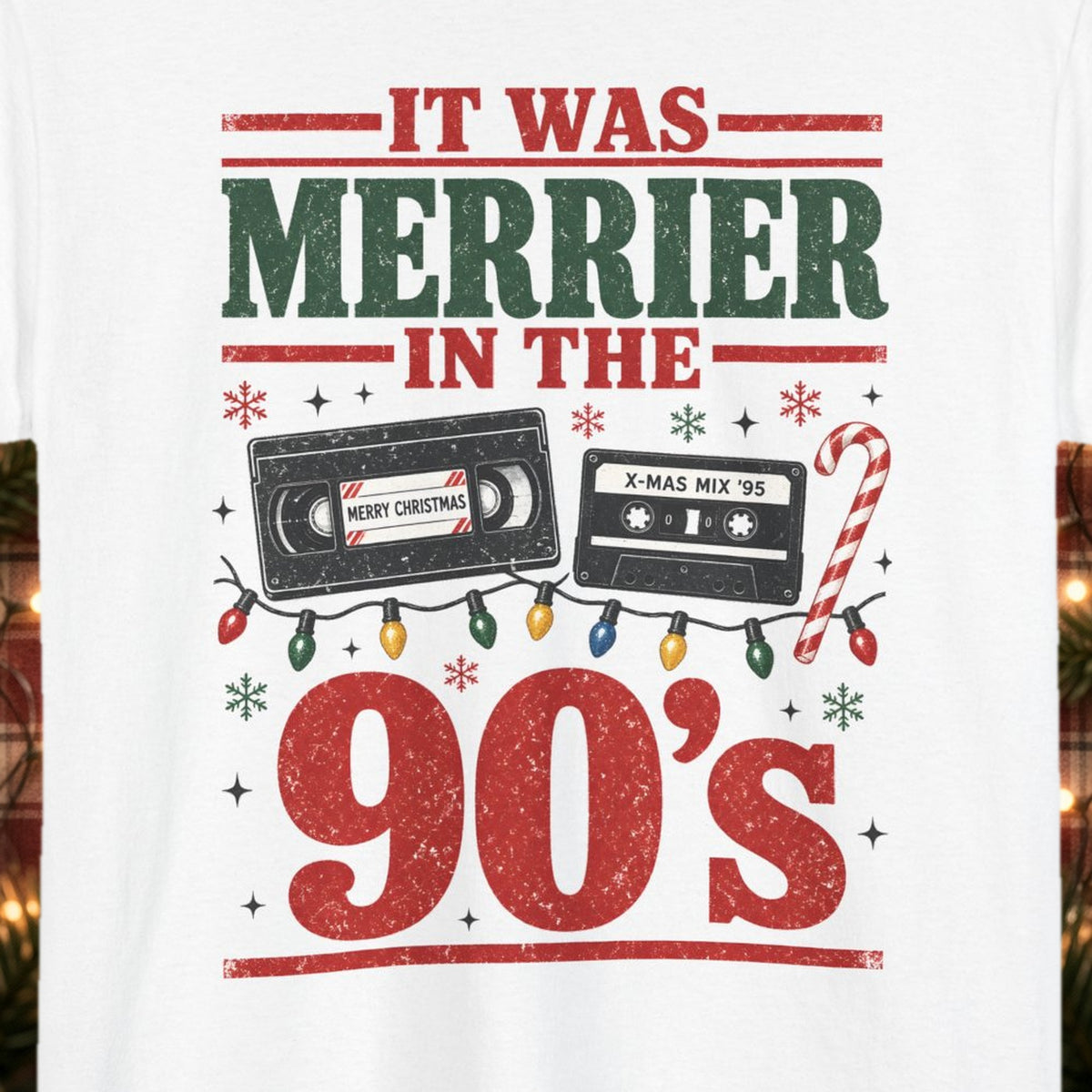It Was Merrier in the 90's Christmas Tee – White – front print close-up