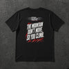 Black t-shirt with distressed white 'The Mountain Don't Move. So You Climb.' back print and red mountain slashes – Stay Positive by The Hillbillies, back view