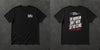Black t-shirt with white Stay Positive chest logo and distressed white 'The Mountain Don't Move. So You Climb.' back print and red mountain slashes – Stay Positive by The Hillbillies, front and back view