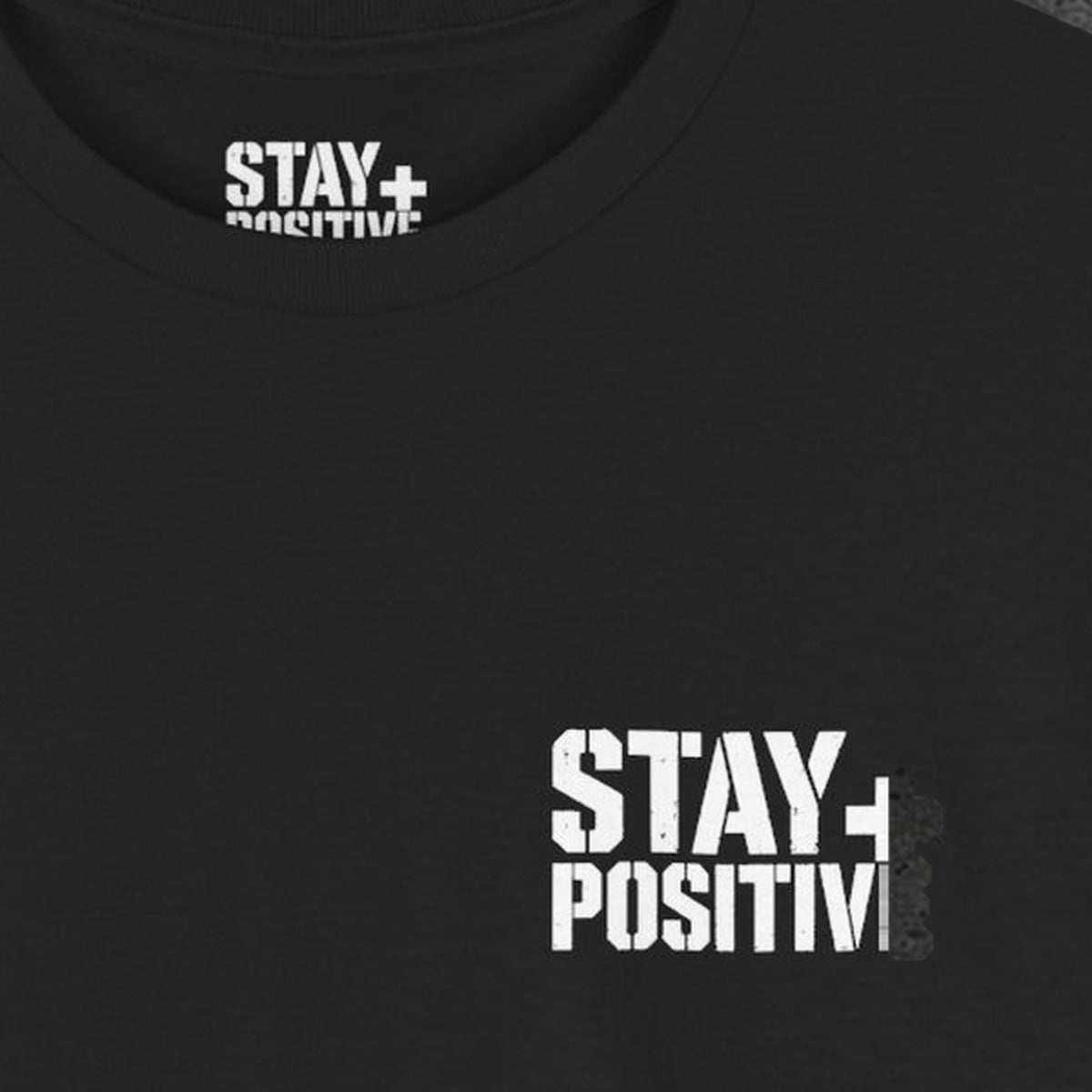 No Struggle No Strength Tee – Stay Positive – Black – front print close-up